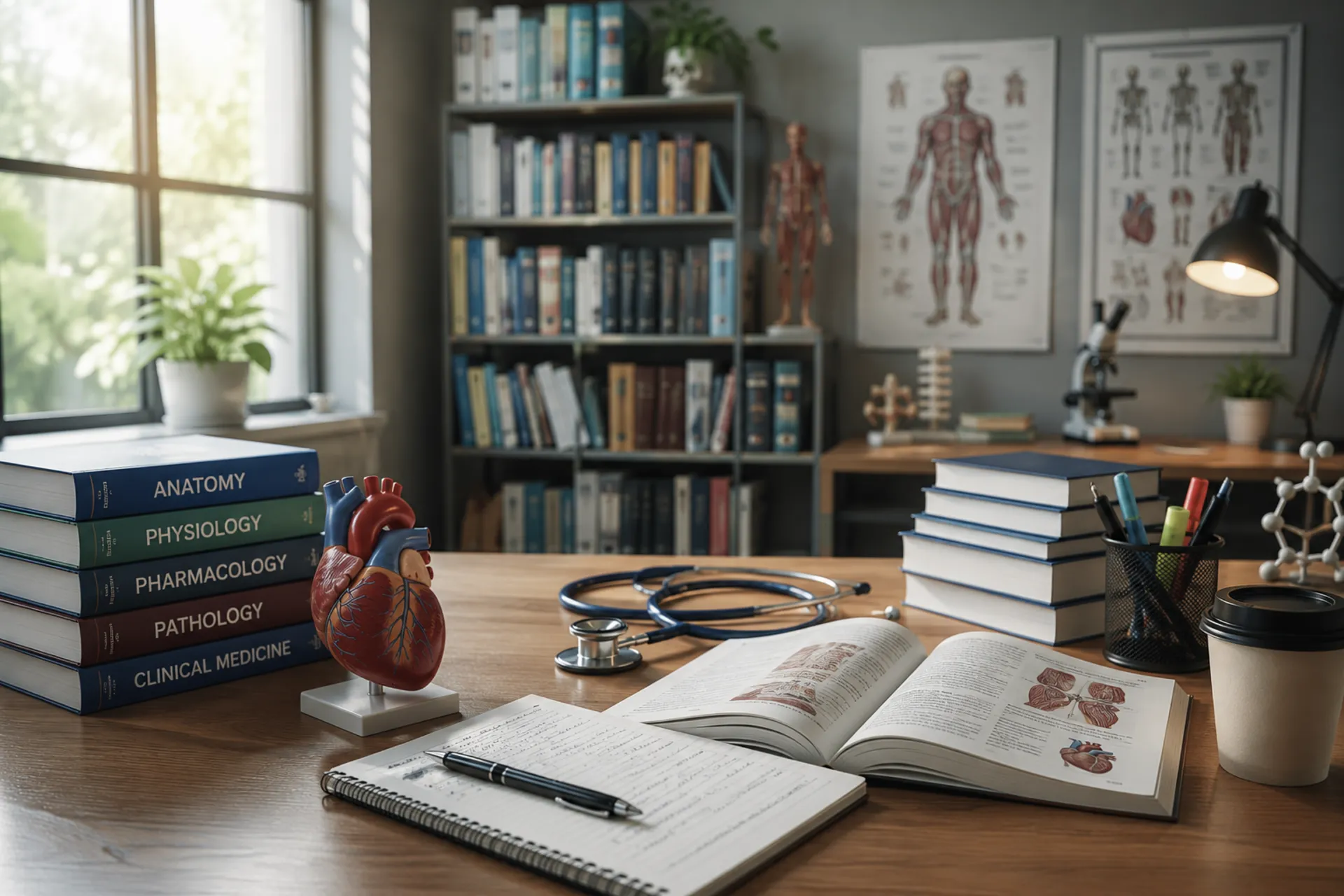 Medical textbooks, an anatomical heart model, and a stethoscope on a study desk.