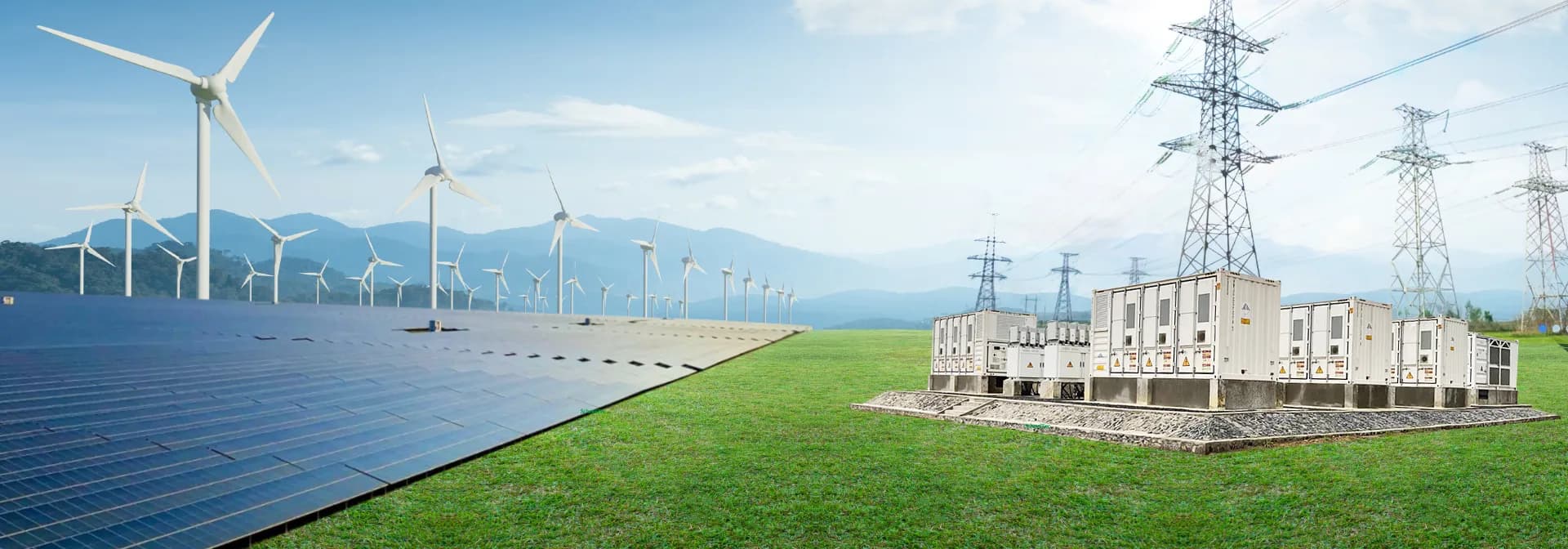A solar array and wind turbines feeding a grid substation.